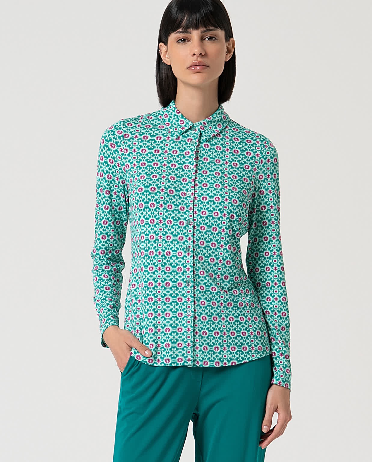 Camicia elasticizzata a maniche lunghe stampata Turquesa