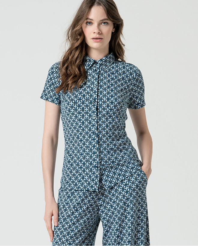 Camicia elasticizzata manica corta stampata Azzurro