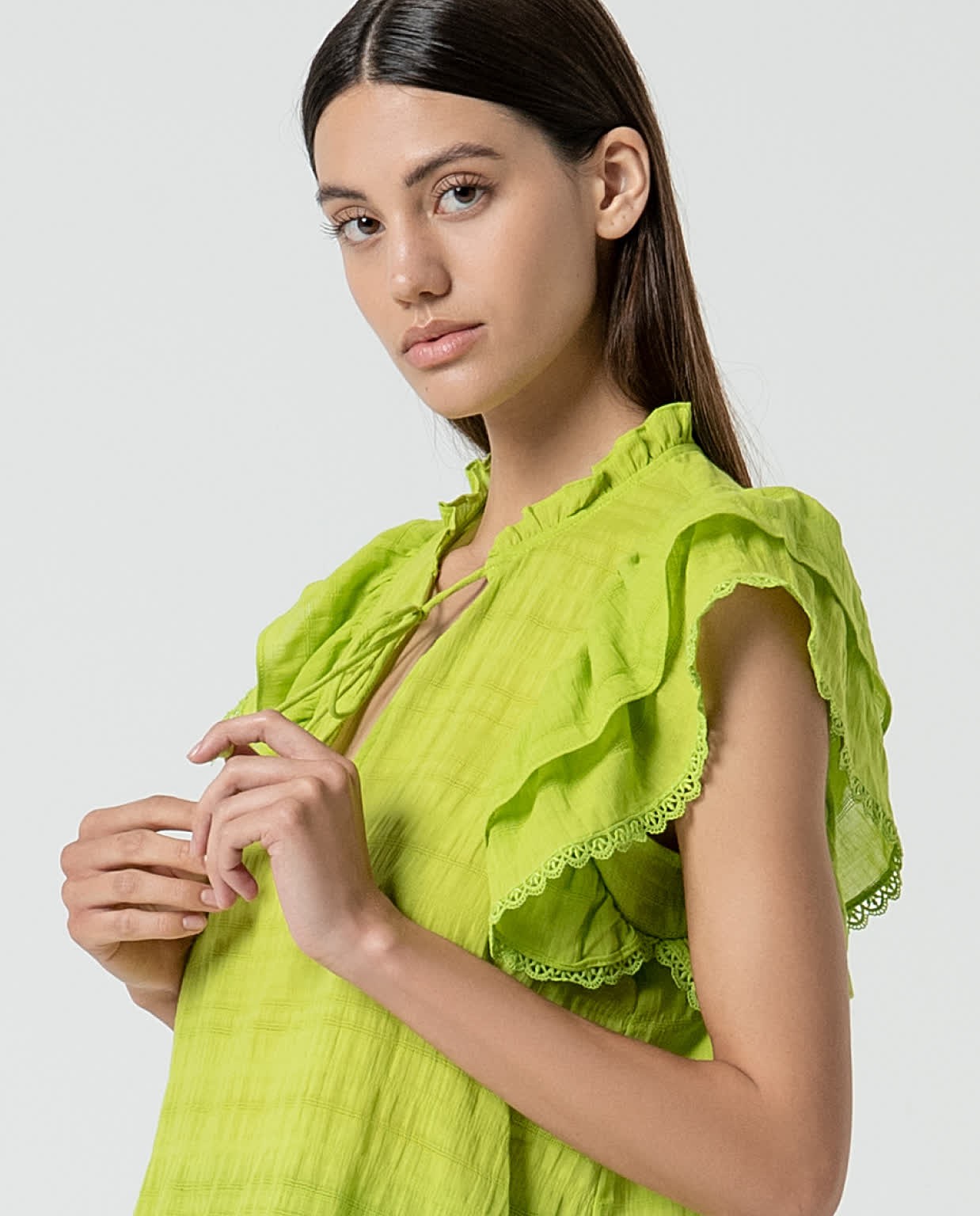 Blusa romantica con volant tinta unita Verde acido