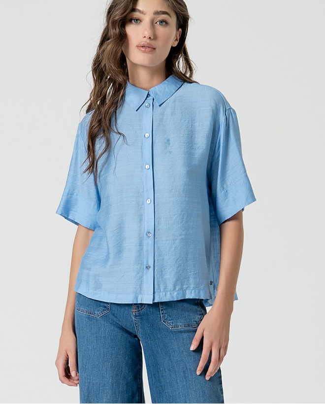 Camicia corta satinata tinta unita Blu