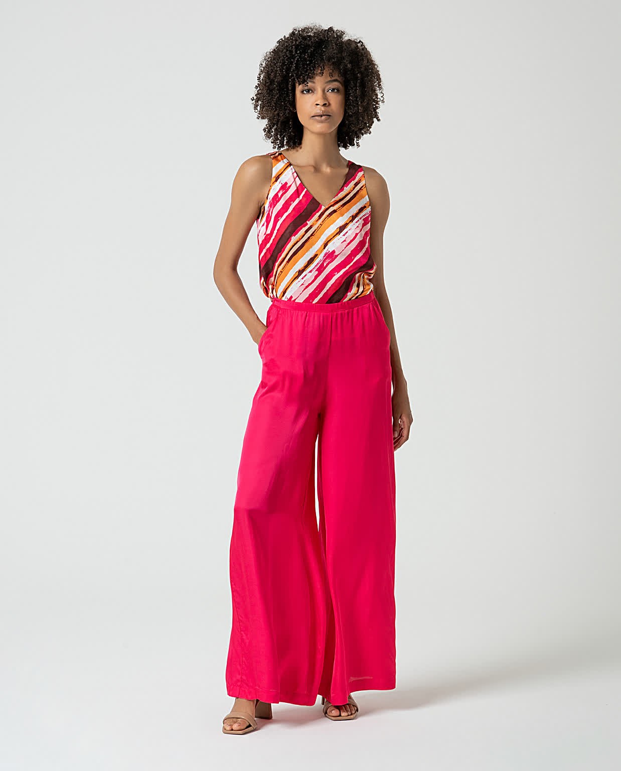 Pantaloni wide leg satinati tinta unita Fucsia