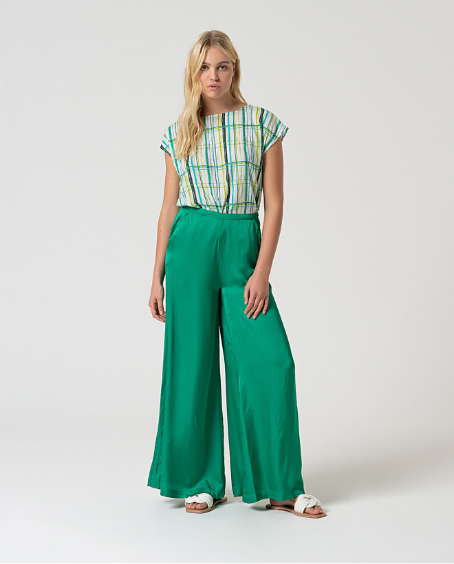 Plain satin wide-leg PANTS Billiard green