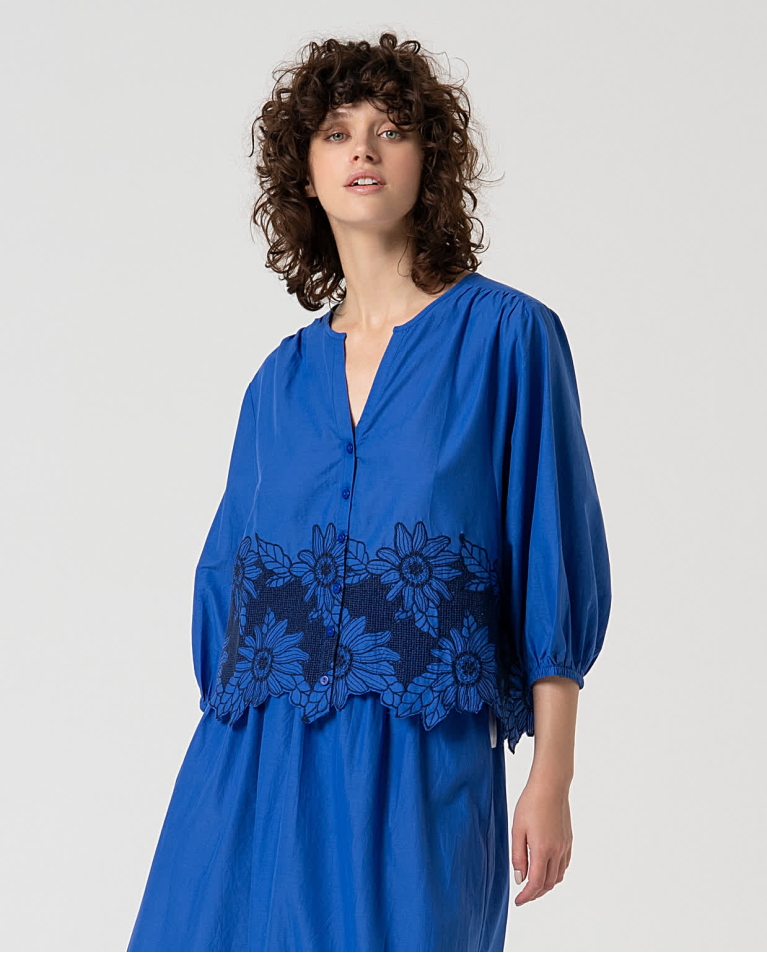 Blusa oversize cotone con ricamo Blu cobalto