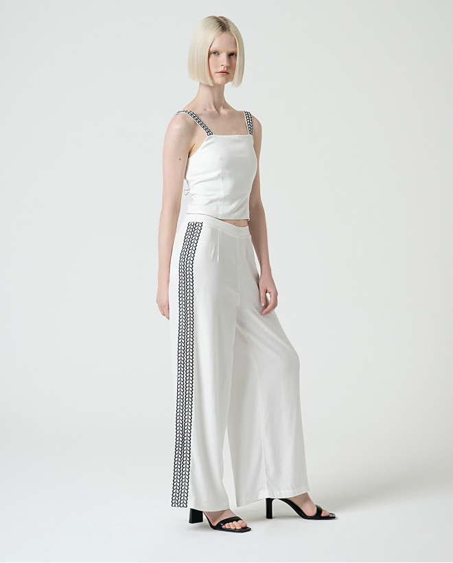 Pantaloni wide leg con ricami Bianco