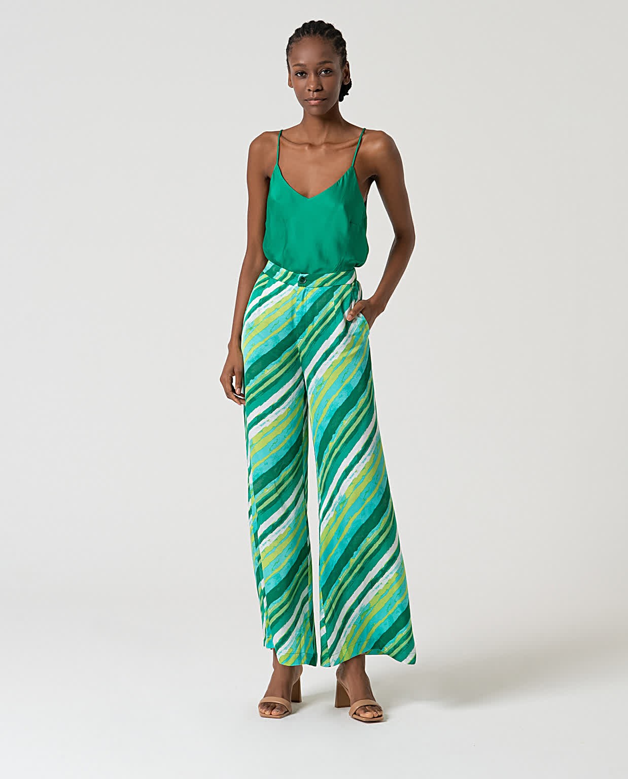 Pantaloni wide leg satinati stampati Verde