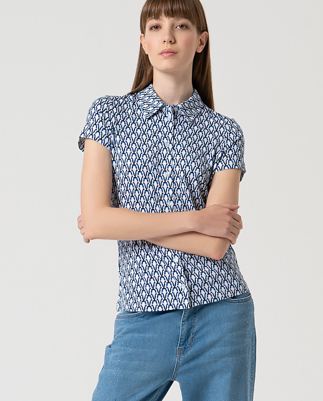 Camicia elasticizzata manica corta stampata Azzurro