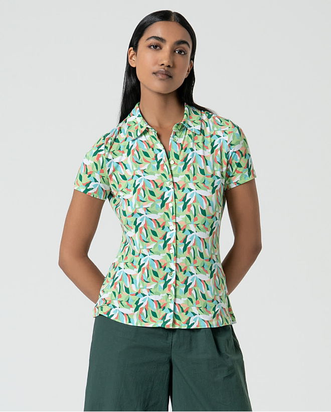 Camicia elasticizzata manica corta stampata Verde