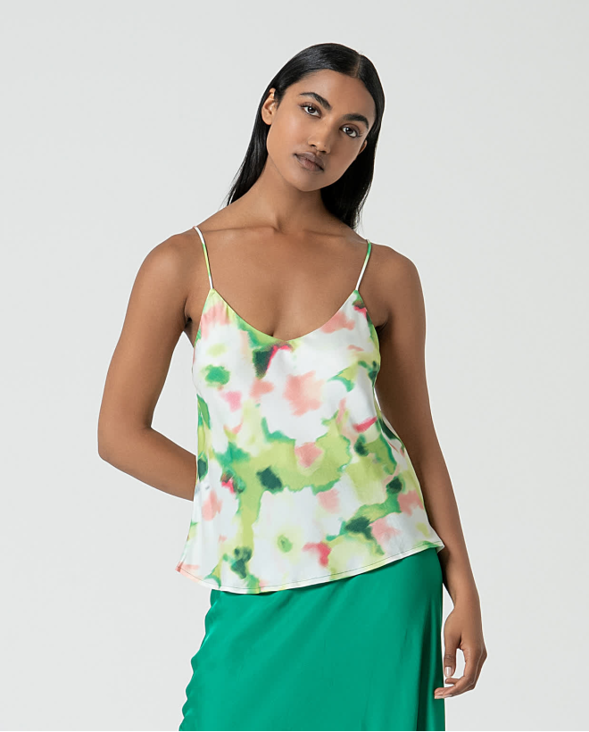 Satin printed V-neck top Green