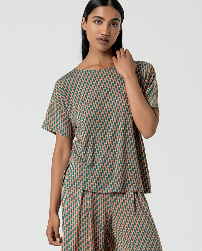 Printed loose-fitting stretchy tee Turquoise