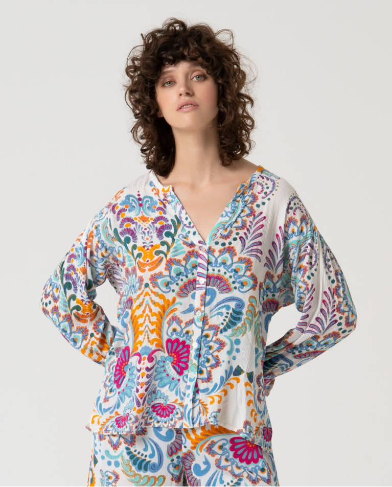 Blusa collo alla coreana aperto stampata Turquesa