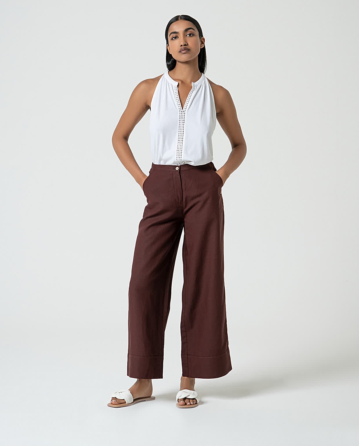 Wide-leg PANTS in plain linen Brown