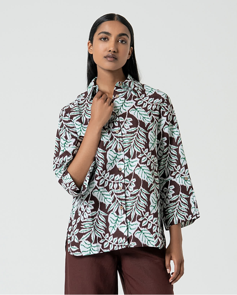 Camicia oversize in lino stampata Marrone