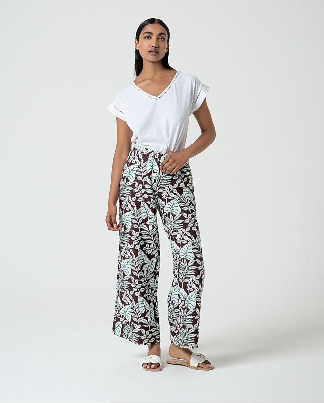 Printed linen wide-leg...