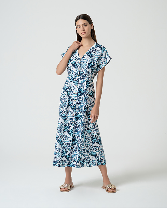 Printed linen shirt dress Blue