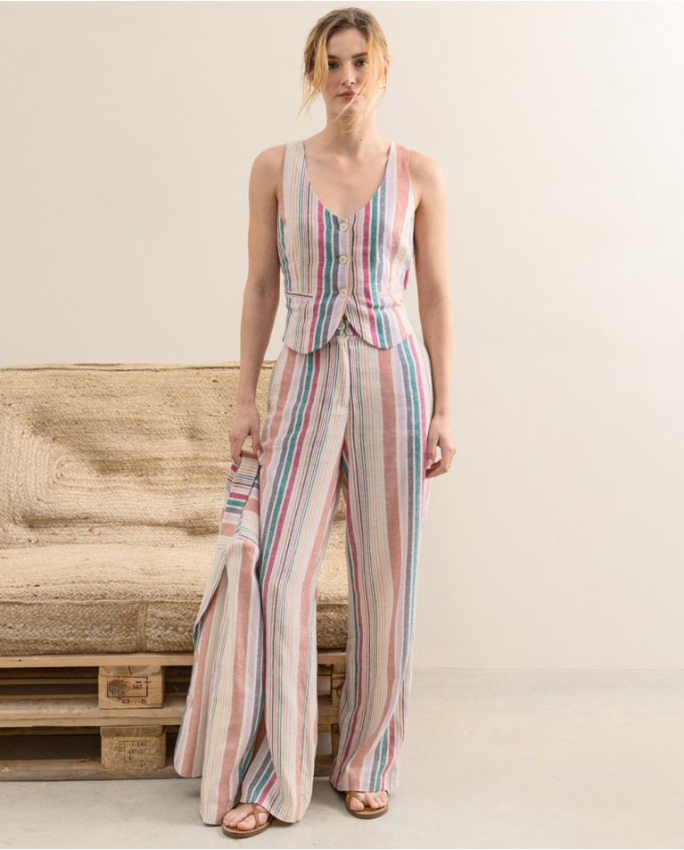 Straight-cut PANTS in striped linen Multi