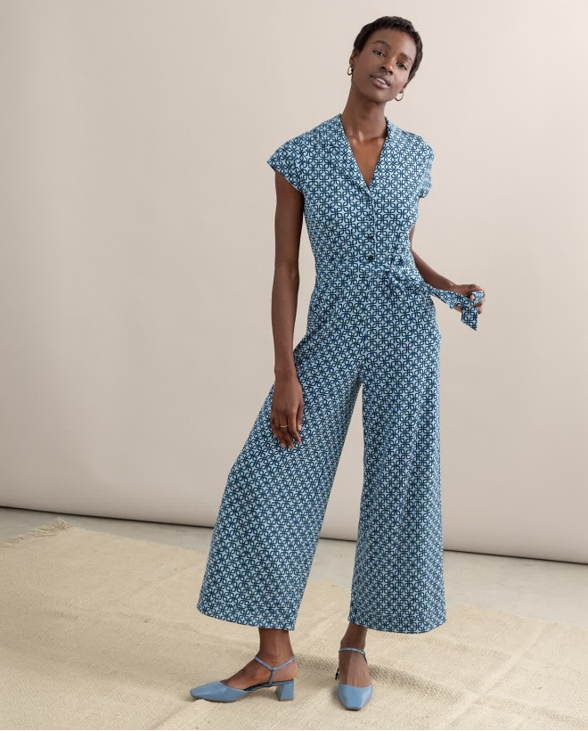 Printed short-sleeved stretch jumpsuit Blue