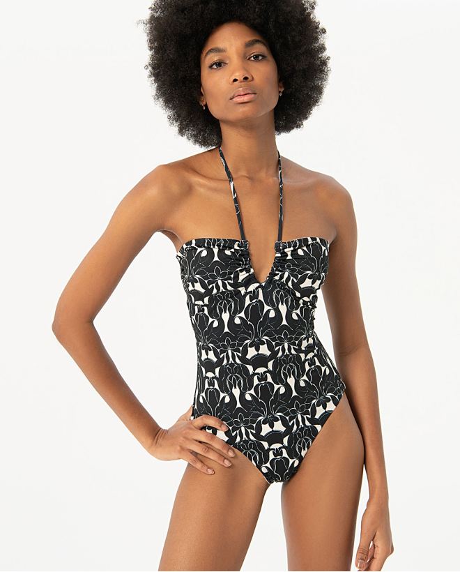 Costume da bagno con scollo a V e fiocco Nero