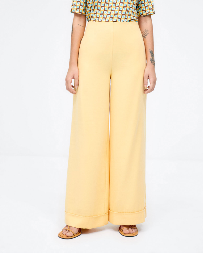 Pantaloni lunghi larghi a vita alta. Semplice Giallo