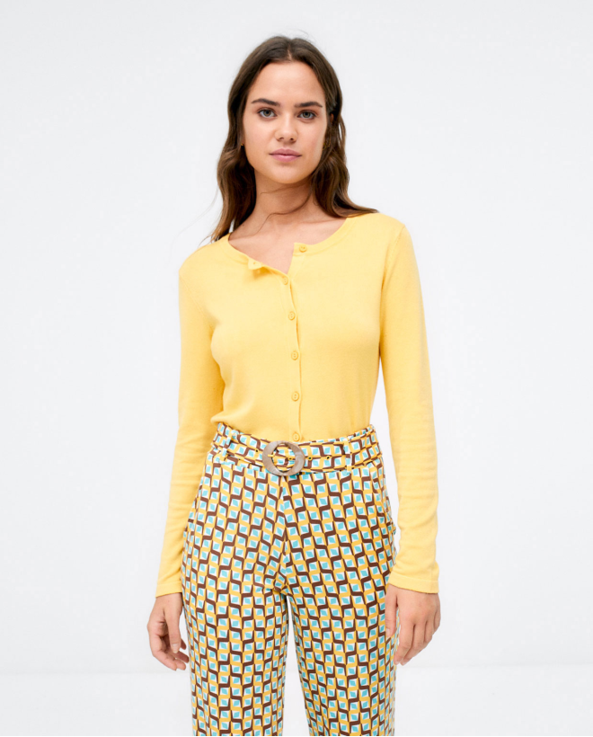 Pantaloni lunghi dritti con cintura. Stampa Giallo