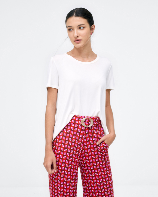 Pantaloni lunghi dritti con cintura. Stampa Rosso
