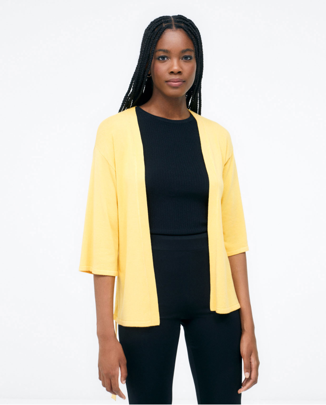 Cardigan in maglia con maniche a 3 4 e cintura. Se Giallo