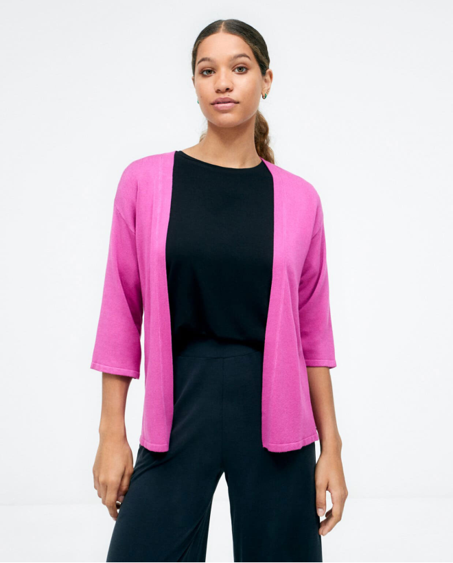 Cardigan in maglia con maniche a 3 4 e cintura. Se Fucsia