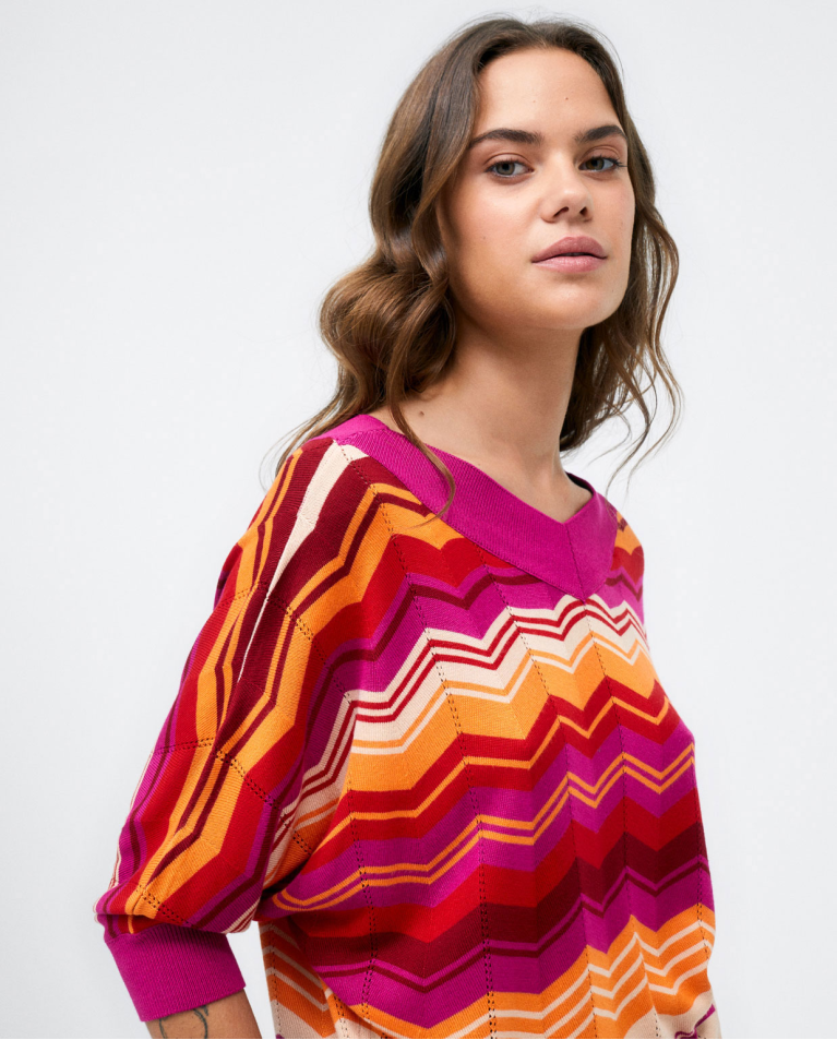 Maglia con maniche a 3 4. Strisce Fucsia