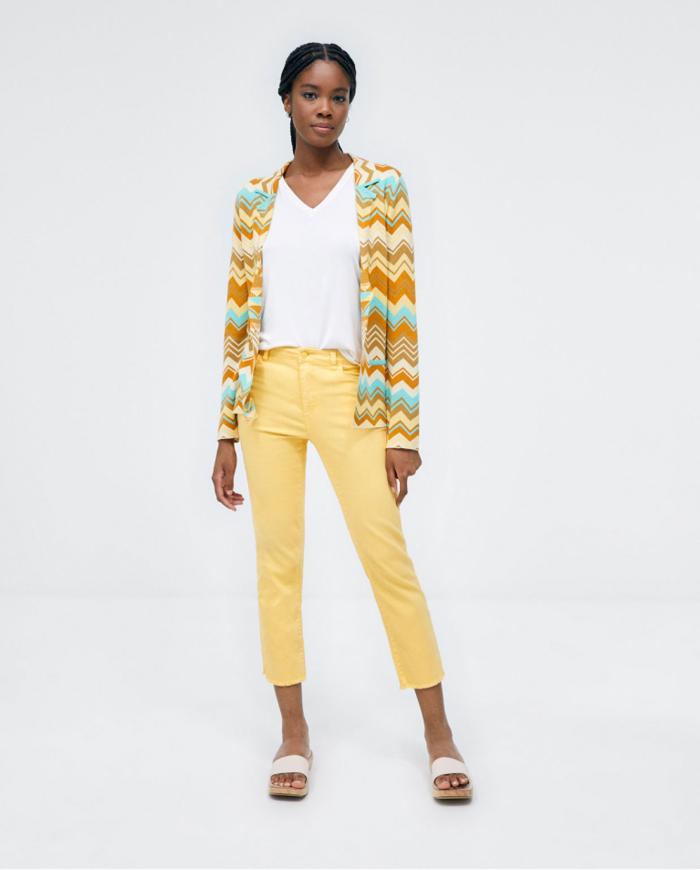 Giacca in maglia con tasche. Strisce Giallo