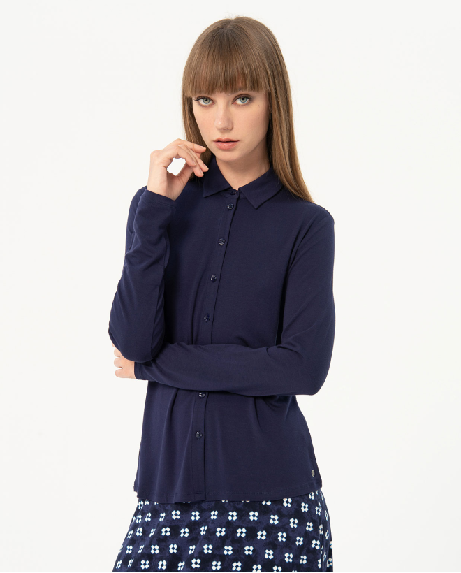 Camicia elastica a manica lunga tinta unita Marino