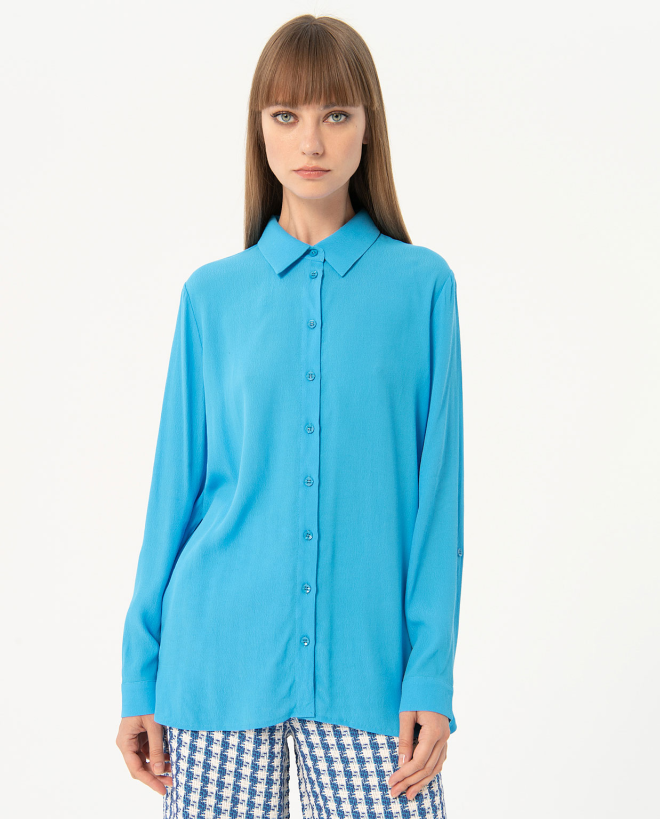 Camicia semplice in crepe a maniche lunghe Azzurro