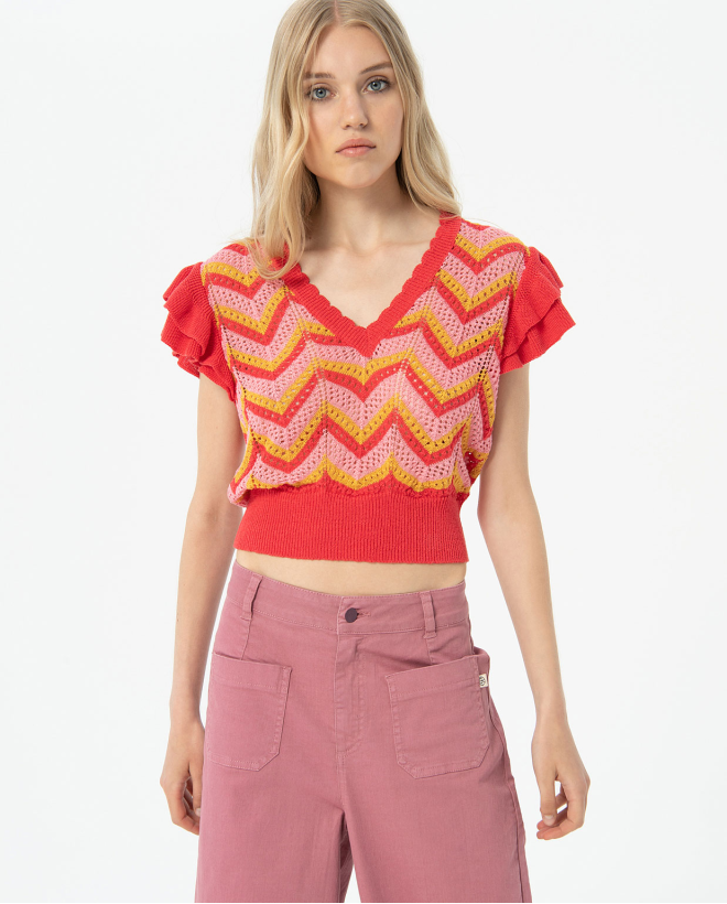 Maglia all'uncinetto con rouches Rosso