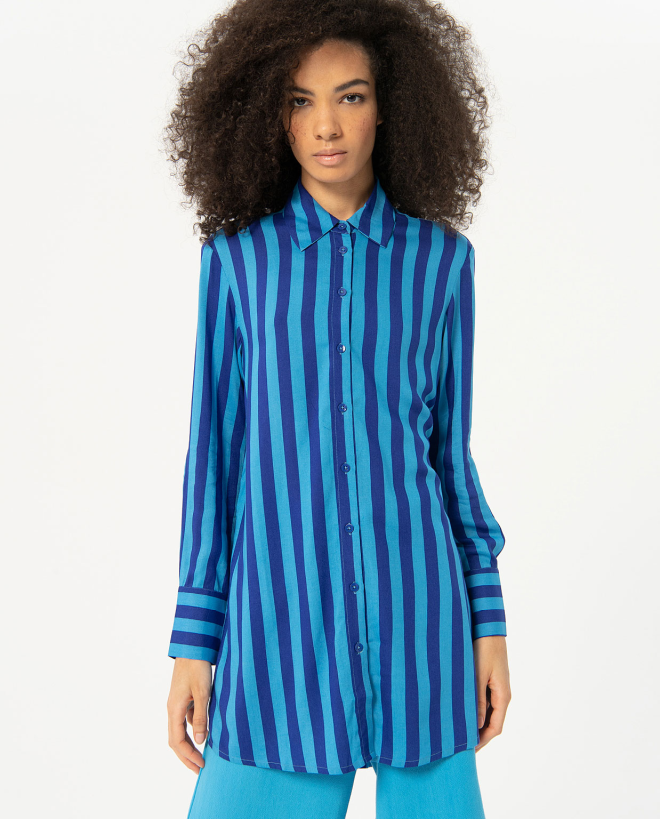 Camicia lunga in raso a righe Azzurro