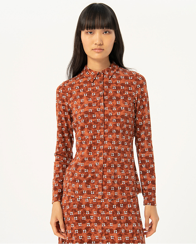 Camicia stampata in crêpe a maniche lunghe Marrone