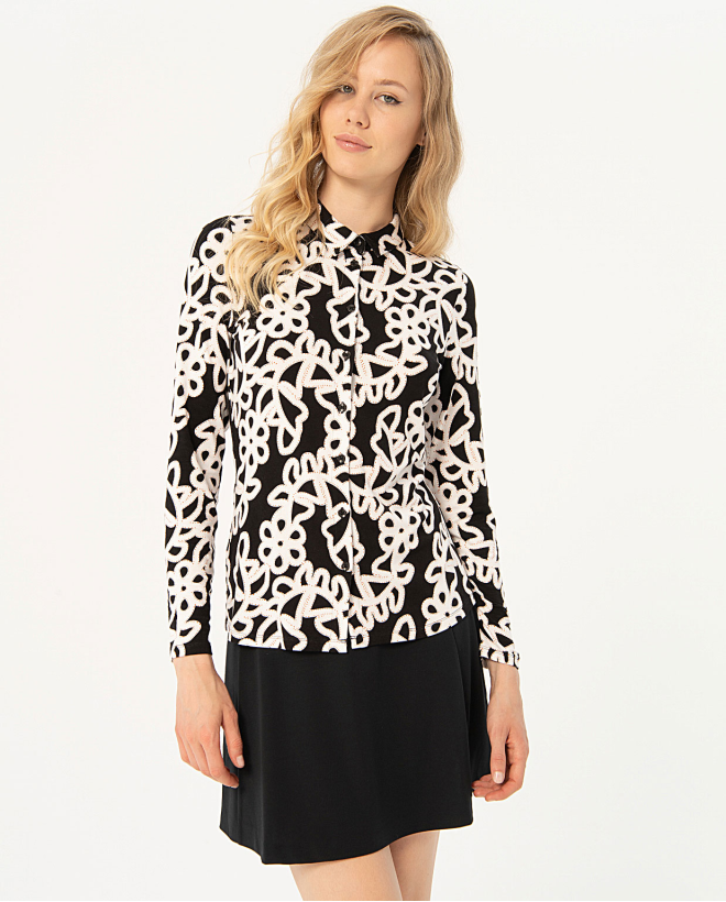 Camicia elasticizzata stampata a maniche lunghe Nero