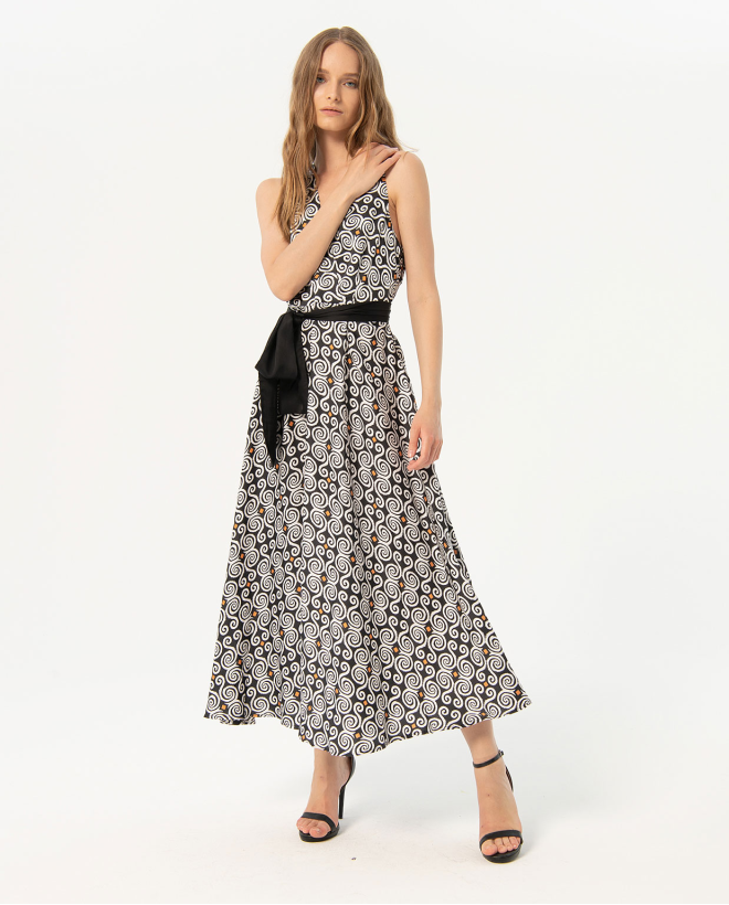 Printed satin long and crossed dress Black