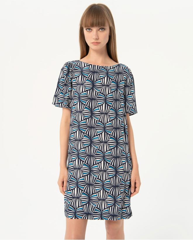 Printed crepe short straight dress Navy blue