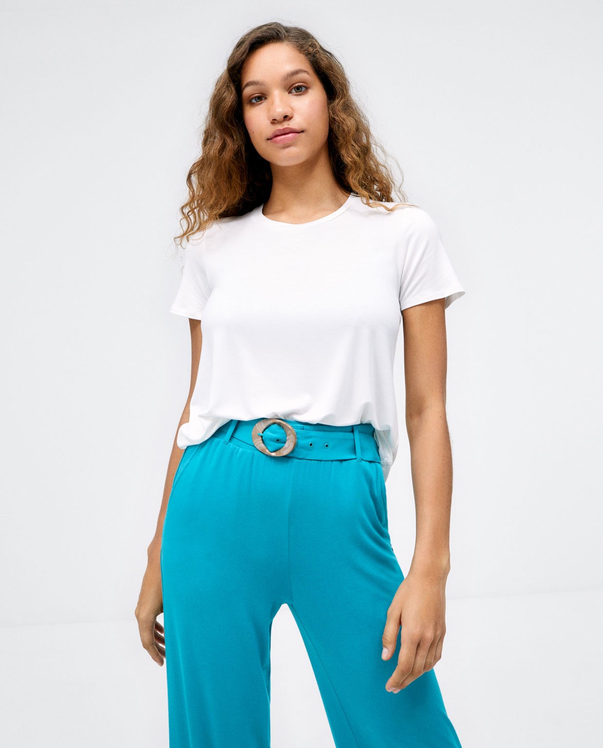 Long trousers with belt. Elasticated. Plain  Turquoise