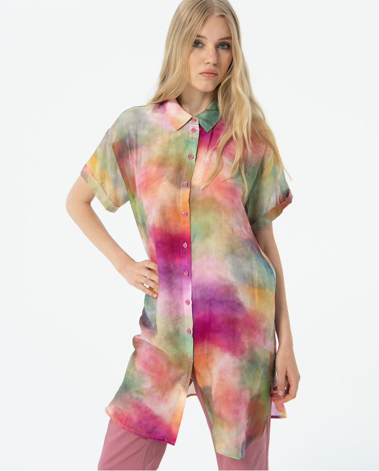 Camicia lunga a maniche corte stampata Multi