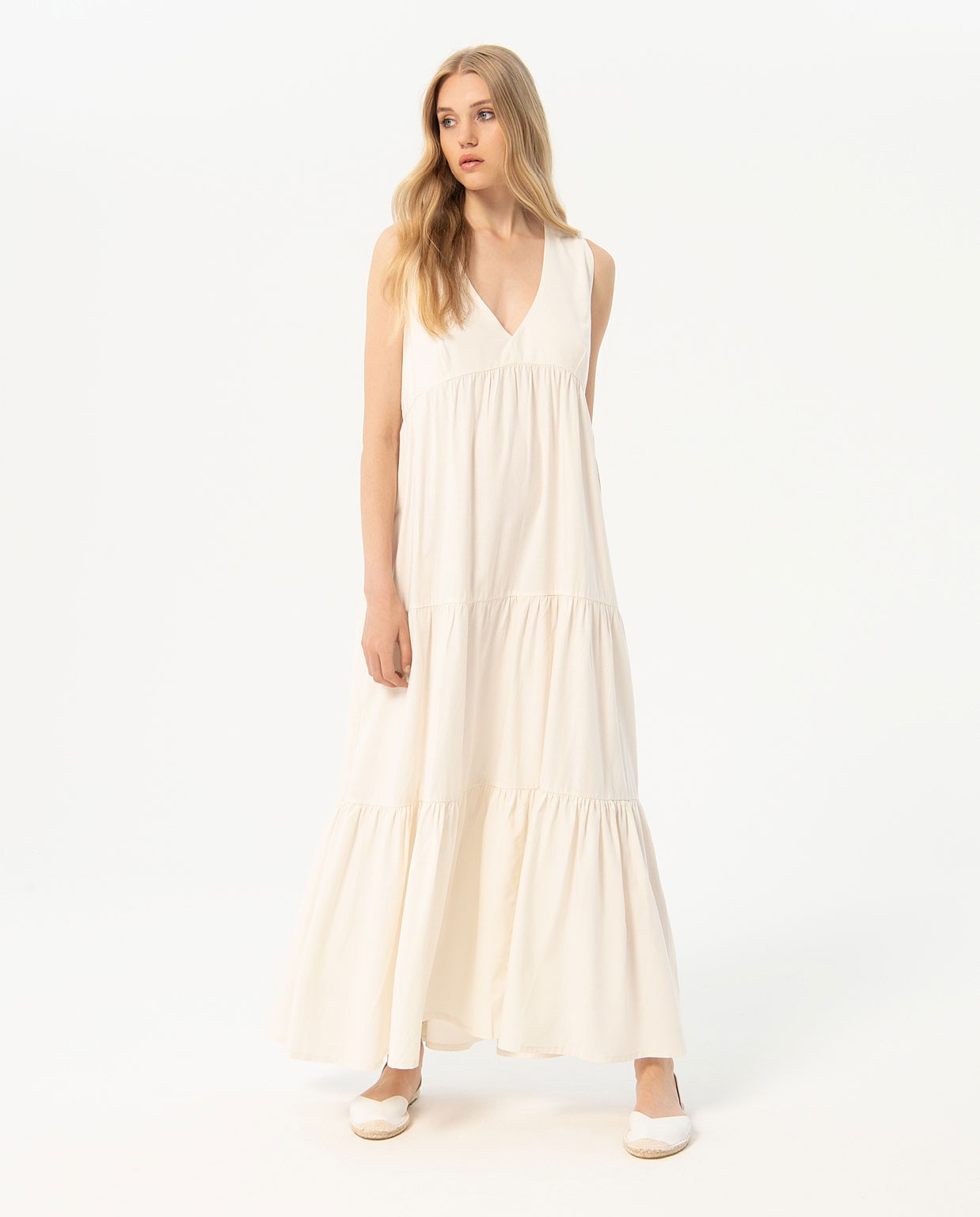 Vestito lungo senza maniche con volant Bianco