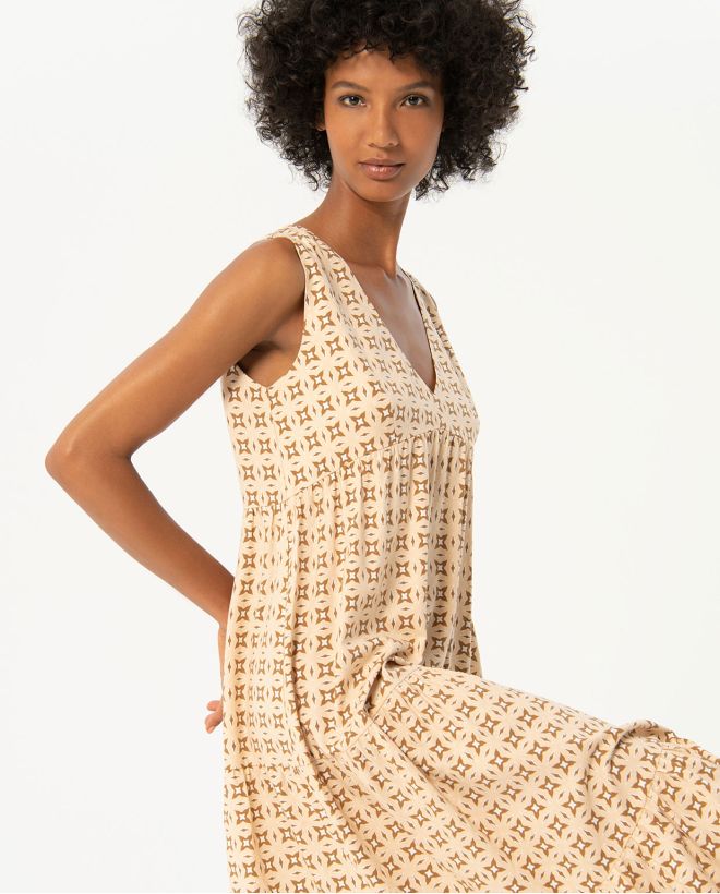 Vestito lungo stampato senza maniche Beige