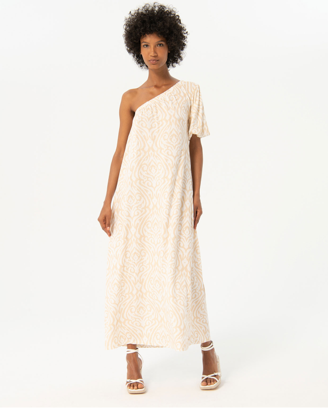 Vestito lungo stampato con scollo asimmetrico Crudo