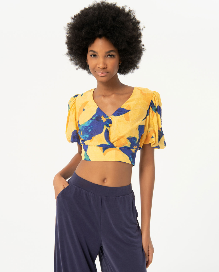 Crop top stampato con maniche a sbuffo Giallo