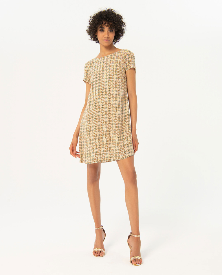 Vestito corto dritto stampato Beige