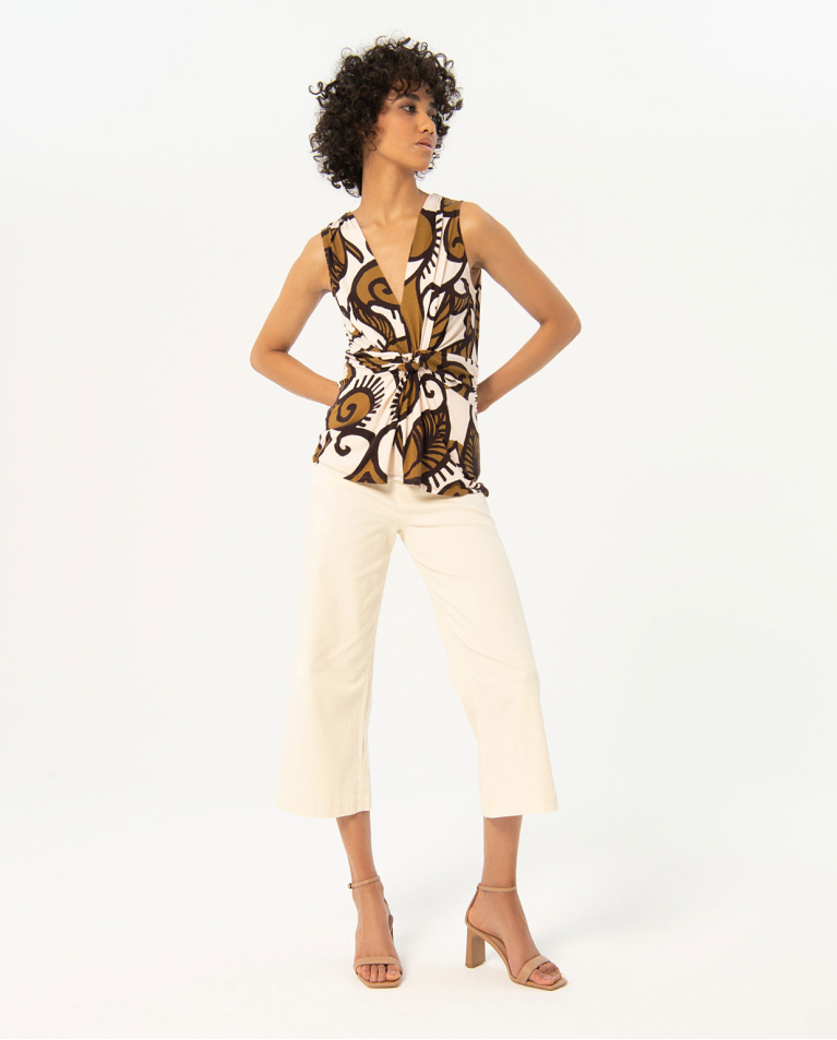 Printed wide straps top Khaki