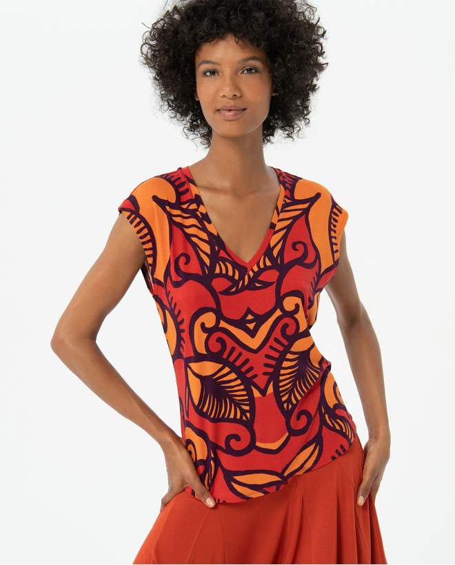 Printed V-neck t-shirt Orange