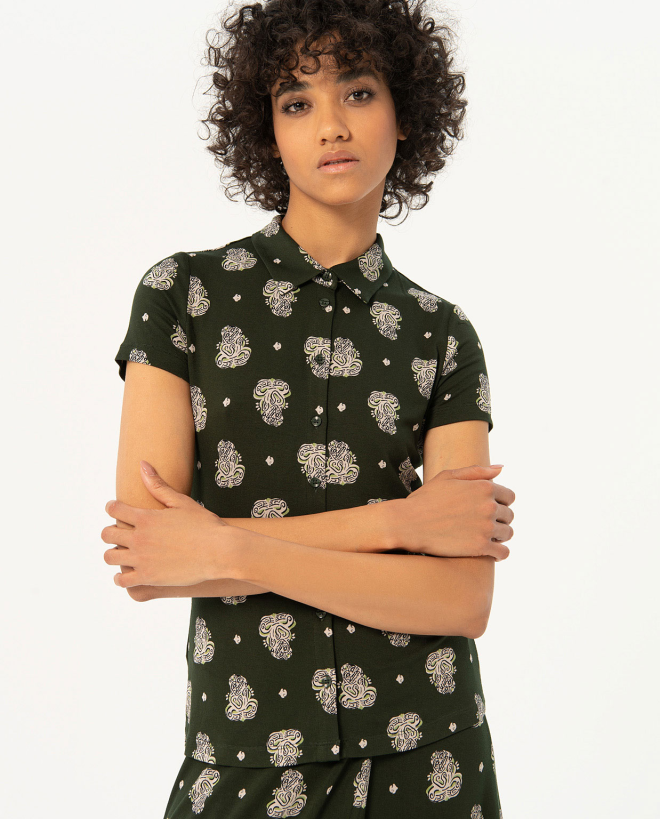 Camicia elasticizzata a maniche corte stampata Kaki