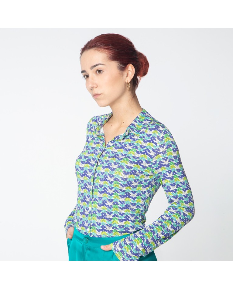 Camicia a maniche lunghe. Elastico. Stampa Azzurro